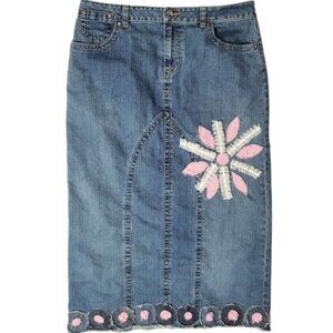 CATO Upcycled Flower Patch Long Jean Maxi Skirt With Back Split Women's Size 14